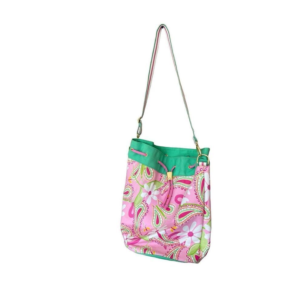 Lily Pulitzer Womens Pink Paisley Adjustable Shoulder Strap Canvas Bucket Bag - Picture 5 of 7